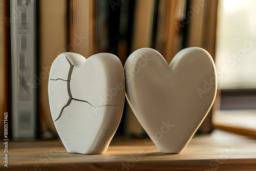 Broken and Whole White Heart Figurines on Old Books Shelf Representing Love, Healing, Emotional Pain, Relationship Problems, Divorce and Romantic Feelings