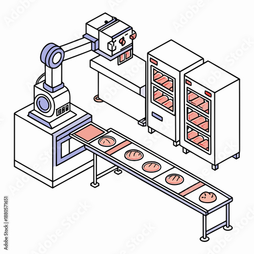 Automated industrial bakery production line with conveyor belts and ovens, modern food manufacturing.