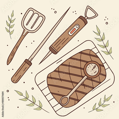 Grilled Steak with Cooking Utensils and Thermometer