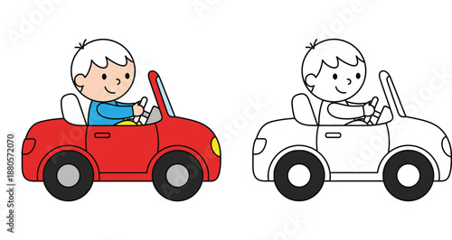 Cute cartoon boy driving a red car vector illustration with black and white outline for coloring book. Happy kid in convertible toy vehicle side view isolated on white background.