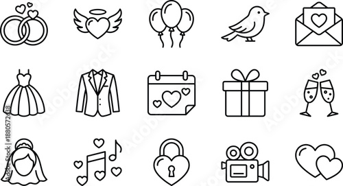 Set of Wedding Line Icons for Marriage Ceremony Planning, Romantic Valentine Celebration, Bridal Party Events, Love Relationship Symbols, Anniversary Decorations, and Engagement Party.