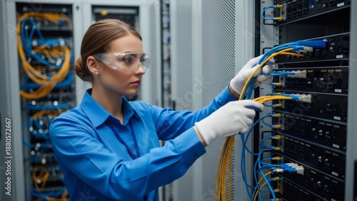 Woman IT technician working on server wires. Network engineer connecting data cables in server rack. Digital information technology maintenance.