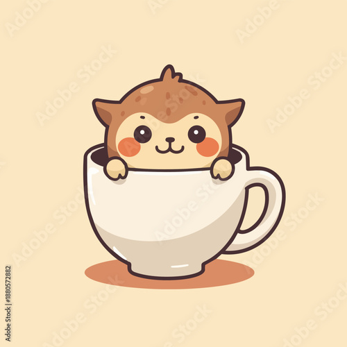 Cute kawaii animal character peeking out of a coffee cup with rosy cheeks, soft pastel colors and rounded shapes, adorable flat vector illustration isolated on warm background, cozy cartoon style.