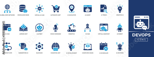 AI Agent icon set, Autonomous agentic AI workflow symbols, Machine learning nodes, Neural network bot vectors for saas UI UX design. Solid icon collection.