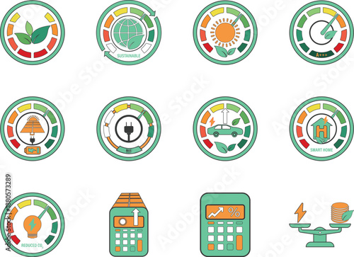 Vector Eco Energy Efficiency Gauges and Sustainability Performance Icons