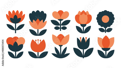 Assorted flowers in various shapes and colors arranged neatly in a grid pattern on a clean background viewed from directly above