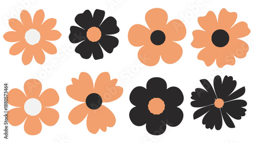 Collection of stylized flowers in various peach and black hues arranged in a grid pattern on a clean background viewed from directly above