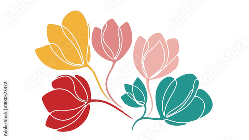 Vibrant floral illustration featuring stylized leaves and stems in various colors displayed on a clean background from a front viewpoint