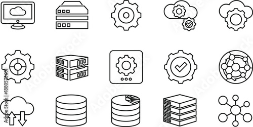 Cloud computing and data management line icon set featuring servers databases settings networking and technology infrastructure symbols