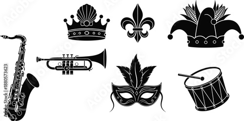 Carnival masquerade and jazz festival icon set featuring crowns masks musical instruments fleur de lis and parade symbols