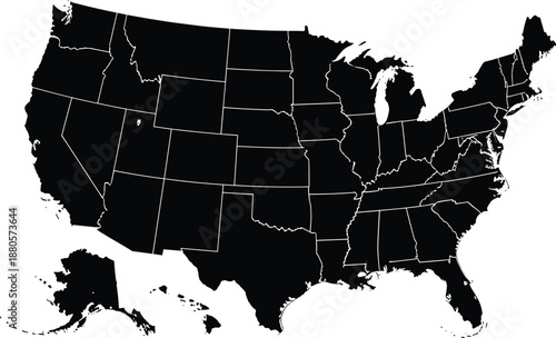 United States map silhouette with state borders in black isolated on white background for geography navigation and infographic design