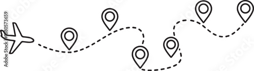 Travel Route Illustration with Airplane Flight Path, Dotted Navigation Line, and Location Pins for Journey and Trip Planning
