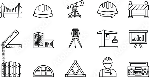 Construction and engineering line icon set featuring tools equipment buildings safety helmet crane survey instruments and infrastructure symbols