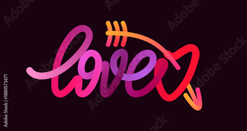 The word Love in colorful 3D text with holographic shine. Valentine’s Day concept. Vector illustration for posters, cards, banner, ads, social media, festive design.