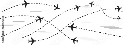 Air Traffic Illustration with Multiple Airplanes, Flight Paths, and Dotted Aviation Routes Showing Global Air Travel Movement