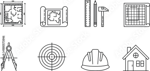 Architectural blueprint and construction line icon set featuring floor plans drafting tools compass target hard hat and house symbols
