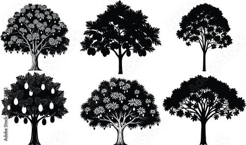 Tree Silhouettes Collection Featuring Various Fruit and Forest Trees in Black on White Background for Logo, Nature Design and Landscape Illustration Use