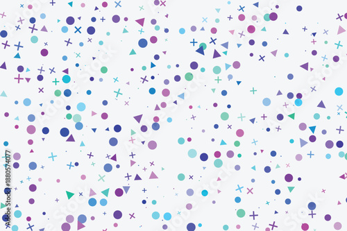 Abstract geometric shapes pattern featuring colorful scattered circles triangles and crosses ideal for festive backgrounds digital art or creative projects