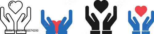 Hands holding heart icon set representing care, charity, love, donation, and social support concepts in flat minimal design