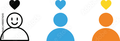 Minimal user profile icons with hearts showing like, favorite, social approval concepts in flat colorful design style for apps
