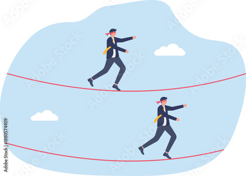 Blindfolded Businessmen Walking on Tightrope
