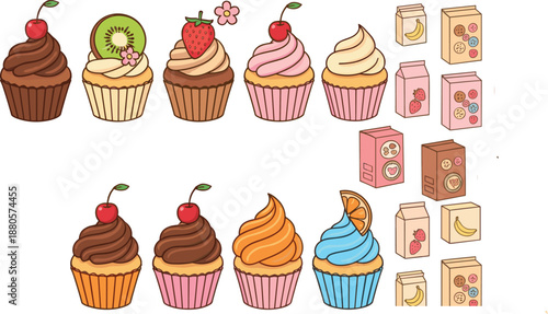 Cute colorful cupcake set with fruit toppings and bakery packaging flat cartoon vector illustration for dessert, pastry and food branding design