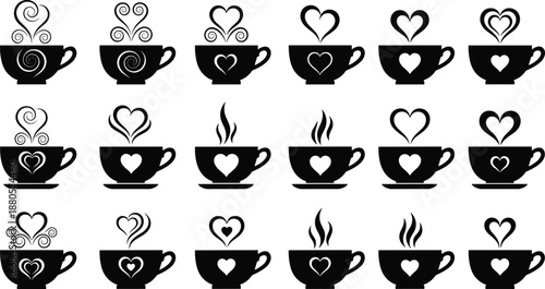 Black coffee cup silhouette icon set with heart steam symbols for cafe branding, love concept, beverage design, and romantic decoration