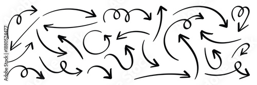 Black hand drawn doodle sketch curved and swirly arrows collection. Hand drawn curved swirl line arrow vector set for infographic. 