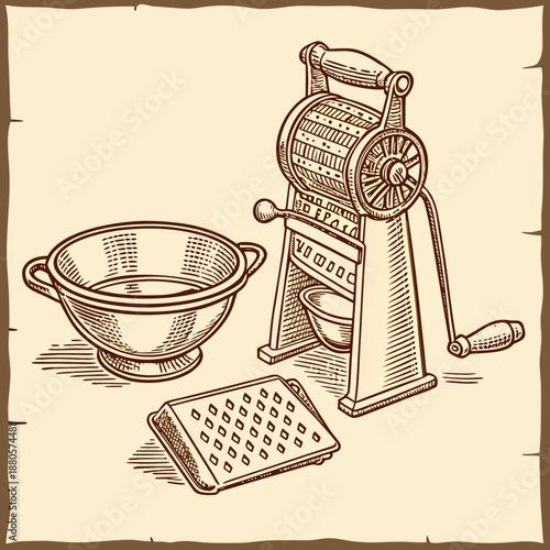Antique Brass Kitchen Tools: Grater, Sieve, and Bowl