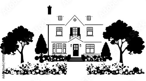 A black and white silhouette illustration of a cozy two-story family house, front view, white background, paper cut style, detailed garden with flowers, trees on both sides, clean vector art, high con