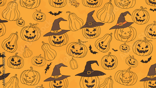 Seamless pattern of carved Halloween pumpkins with witch hats and bats on an orange background for spooky and festive holiday decor.