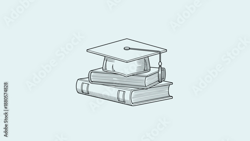 Graduation mortarboard cap resting on top of a stack of academic hardcover books as a symbol of success and higher education achievement.