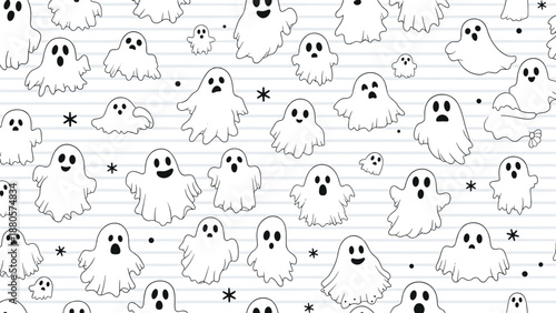 Playful seamless pattern featuring various hand drawn white ghosts with different expressions on a light blue striped background for kids.