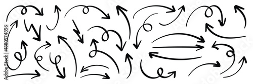 Hand Drawn swirl or twist curved arrows vector. Collection doodle marker arrows in different directions. Black hand drawn doodle arrows vector illustrator. 