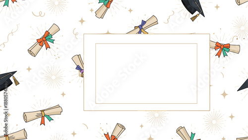 Celebratory background with graduation caps and rolled diplomas decorated with ribbons surrounding a central blank white frame for text.