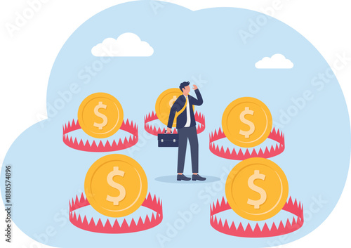 Businessman Surrounded by Financial Coin Traps