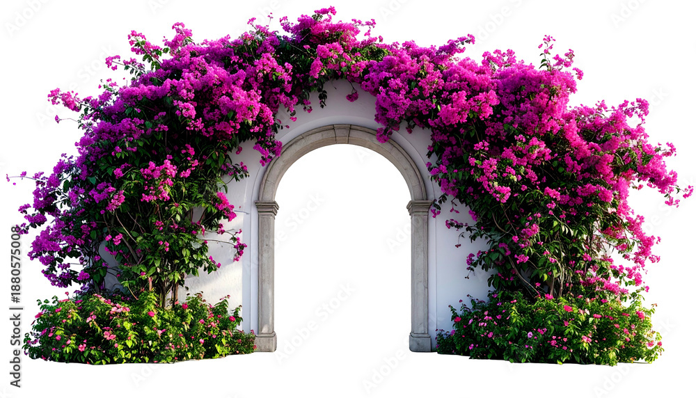 Naklejka premium A classical arch draped with vibrant pink flowers and green foliage
