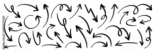 Hand Drawn swirl or twist curved arrows vector. Collection doodle marker arrows in different directions. Black hand drawn doodle arrows vector illustrator. 
