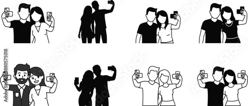 Couple taking selfies illustration set with smartphone poses, black silhouette and outline styles, modern social media, relationship, and lifestyle concepts