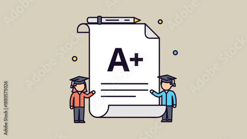 Successful students standing next to a large sheet of paper showing an A plus grade and a pen for academic achievement and excellence.