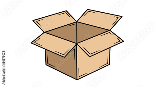 Empty cardboard delivery box with open flaps shown in perspective in a simple hand drawn illustration style for logistics and moving.