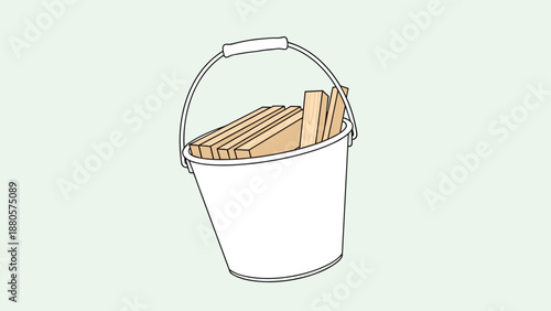 White utility bucket filled with several light colored wooden planks or boards for construction, carpentry, and home repair projects.