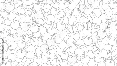 Dense seamless pattern of cherry outlines in black and white creating a delicate and intricate fruit themed background for textiles.
