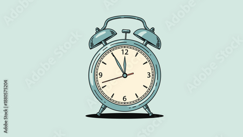 Traditional blue twin bell alarm clock with a cream face isolated on a light blue background for time management and morning themes.