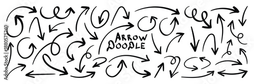 Black hand drawn doodle sketch curved and swirly arrows collection. Hand drawn curved swirl line arrow vector set for infographic. 