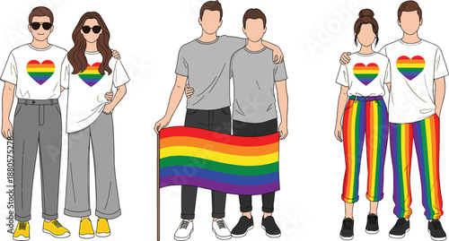 LGBTQ pride couples illustration wearing rainbow outfits and holding pride flag, diverse relationships representation for equality, inclusion, and love concepts