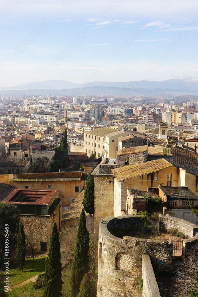 Fototapeta premium The panorama of Girona city opening from castle walls, Spain