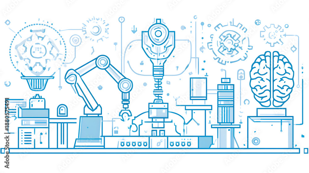 Naklejka premium Modern industrial automation with robotic arms and brain computer interface