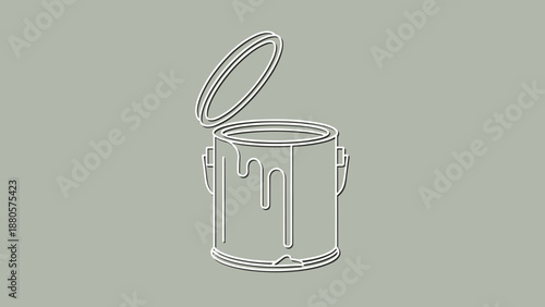 Open paint bucket with wet drips running down the side shown in a simple line art style for renovation and art supply related designs.