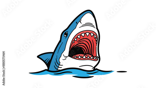 Great white shark breaching from the ocean waves with its large mouth wide open revealing sharp teeth in a bold cartoon illustration.